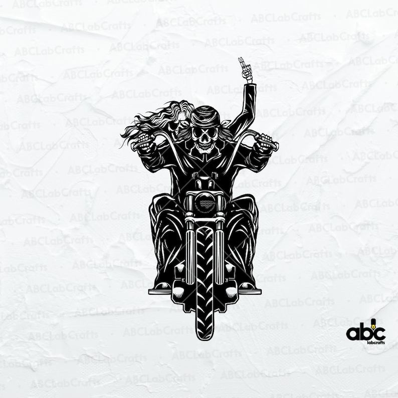 K&ouml;nnte beinhalten: Schwarz-wei&szlig;-Illustration eines Skeletts, das ein Motorrad mit einer weiblichen Beifahrerin f&auml;hrt. Das Skelett tr&auml;gt eine Lederjacke und einen Helm. Das Motorrad hat ein gro&szlig;es Vorderrad und einen einzelnen Scheinwerfer.