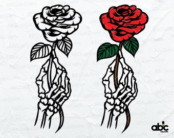 Skeleton Hand Roses Svg File | Flower Tattoo Designs | Skeleton Holding Rose Svg | Png DXF Jpg Eps File for Cricut Silhouette Printable