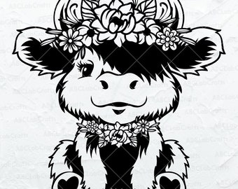 Floral Highland Cow Svg File | Cow Svg | Cute Cow Svg | Baby Cow Svg| Highland Cow Clipart Dxf Png Eps Files for Cricut Silhouette Printable