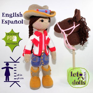 May include: Crochet pattern for a 18-inch cowgirl doll with a brown horse. The doll is wearing a white and red jacket, blue jeans, and brown boots. The horse is brown with a pink bridle.