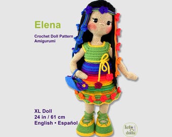 24 inch crochet doll pattern PDF, XL amigurumi doll, Elena