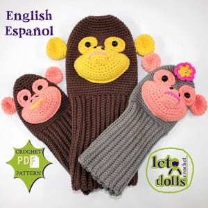 May include: Three crocheted monkey hand puppets. One is brown with yellow face, one is pink with brown face, and one is gray with pink face. The puppets are labeled "let's crochet dolls".