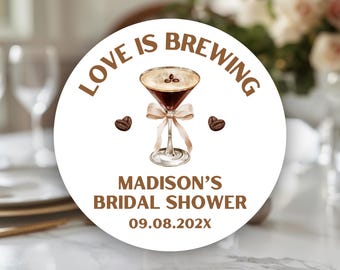 Love Is Brewing Espresso Martini circle sticker sheet | bridal party, bridal shower, bridal shower decor idea, coffee bridal shower