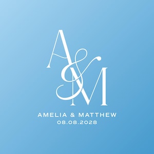 May include: A light blue graphic featuring a white monogram of the letters A and M intertwined with a decorative ampersand. Below the monogram, the text reads AMELIA & MATTHEW followed by the date 08.08.2028 in a clean, white sans-serif font.