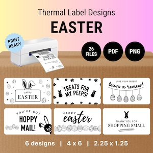 May include: White thermal label printer with "PRINT READY" sticker. Features six black and white Easter-themed label designs, including "Happy Easter" and "Treats for my Peeps!" Labels are 10.16 x 15.24 cm and 5.72 x 3.18 cm.