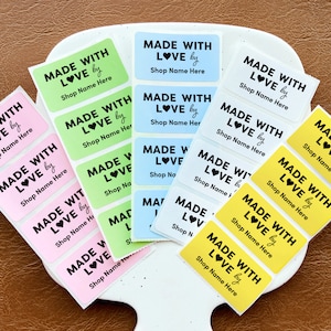 Made with Love by (Shopname) individuelle Etiketten | Thermo Aufkleber Etiketten für kleine Geschäfte, Geschäfte, Briefumschläge, Mailing und Versand