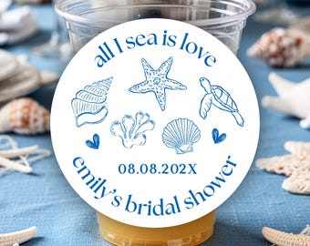 All I Sea is Love circle sticker sheet | bridal party, bridal shower, blue sea shell theme, blue bridal shower, beach bridal shower