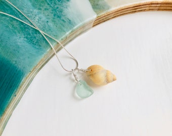 Shell & Sea Glass Necklace, Light Blue Sea Glass, Periwinkle Shell, Pendant, Sterling Silver Chain, Jewellery/Jewelry, Recycled, Eco, Gift