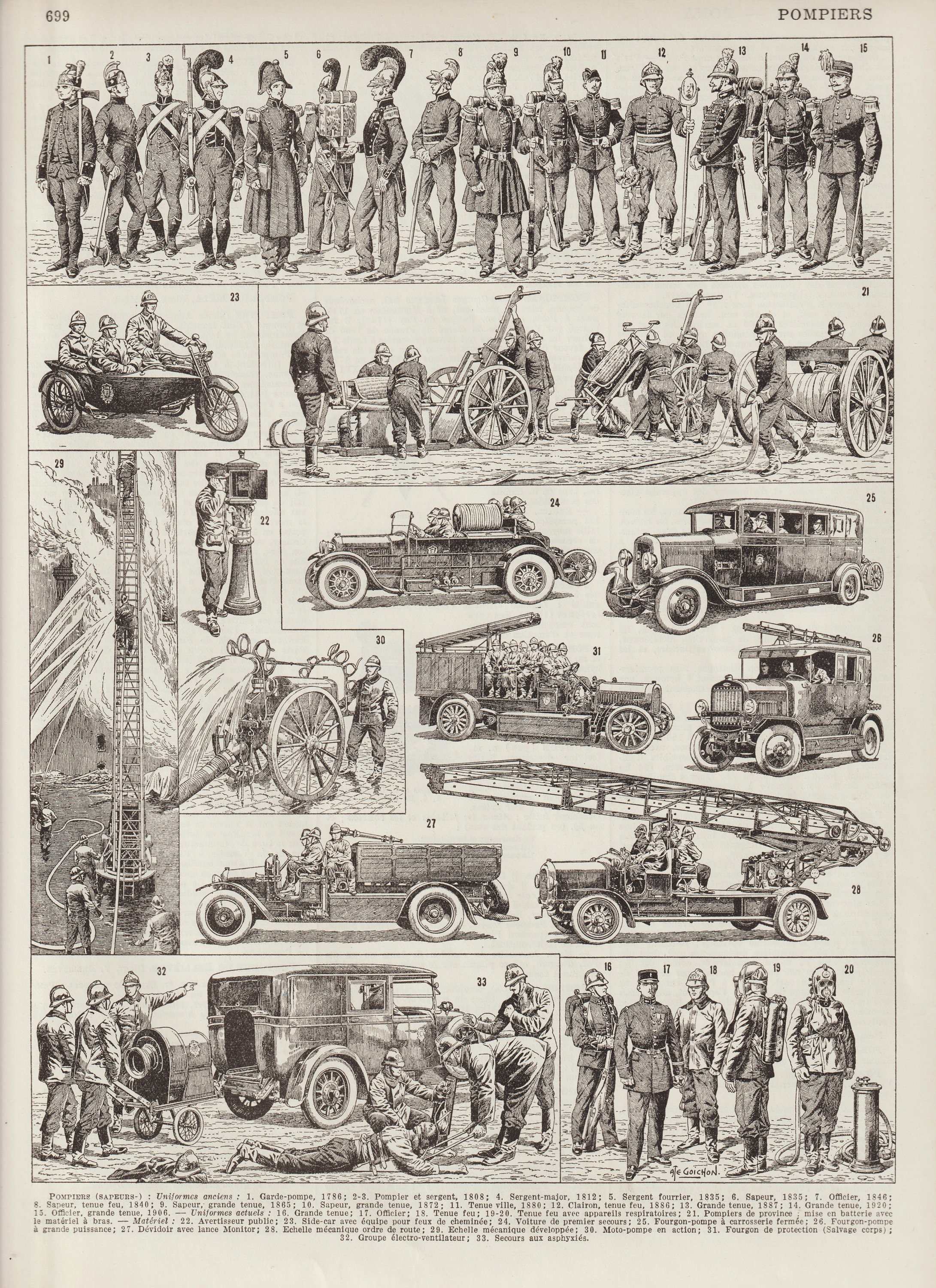 B&w Gravure de Pompiers, Tenues Pompiers, Sapeur et Officier , Planche Authentique 1922 Larousse, Dé