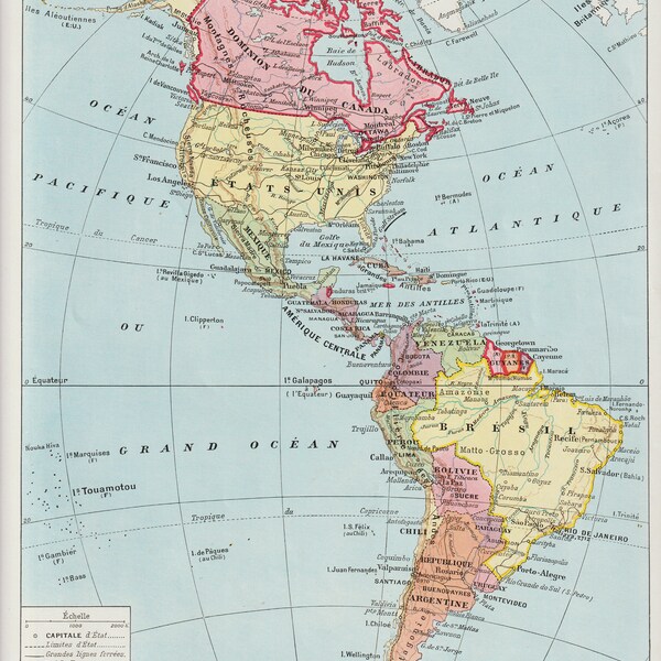 Larousse Amerique authentique colour Vintage carte  map of America from a page of Larousse, not a copy