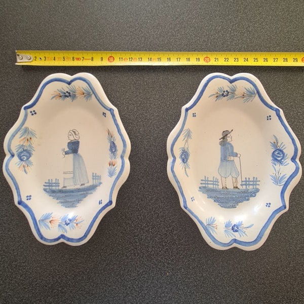 Pair french vintage quimper plates oval