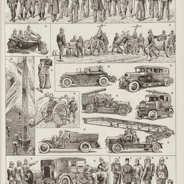 Larousse pompiers firefighters, engraving of 33 drawings of firefighters, firefighters' outfits, sapper and officer, Planche Larousse,