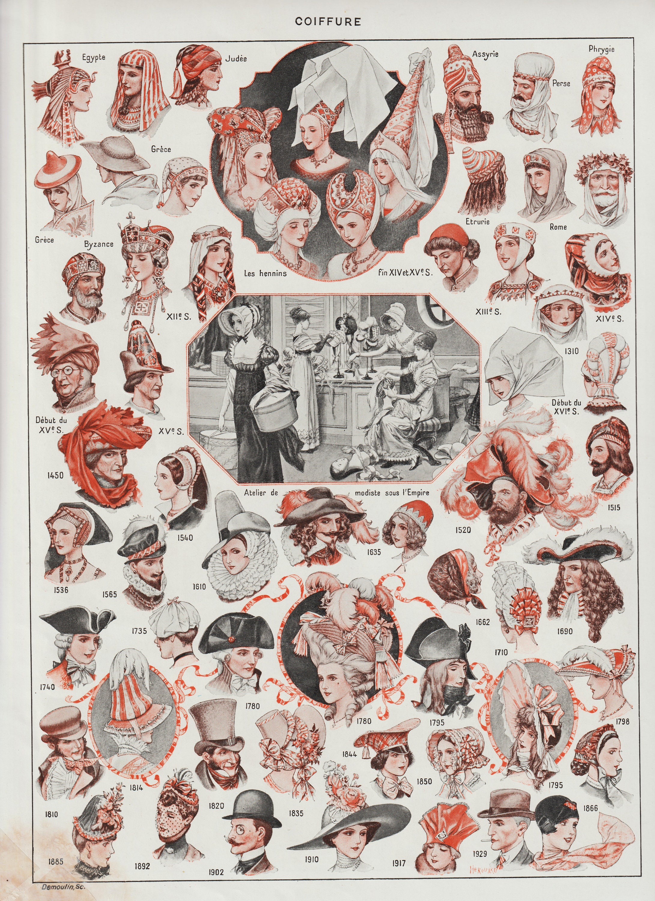 Colour Affiche Coiffure Vintage Originale Ancienne Antique Authentic Print Planche Illustrée 1930, S