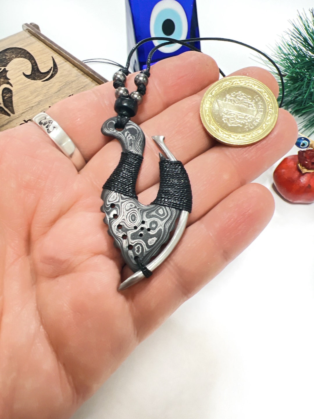 Maori Fish Damascus Hook Necklace, Men Jewelry, Men Skull, Womenpendant