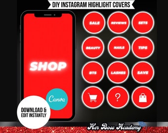 May include: A digital graphic featuring DIY Instagram highlight covers with red circular icons on a black background. The icons include text labels like SALE, REVIEWS, SETS, BEAUTY, NAILS, TIPS, BTS, LASHES, SAVE, and symbols for a cart, question mark, and bag.
