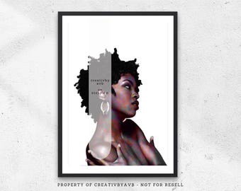 May include: A framed digital art print featuring a profile portrait of a person with short dark textured hair, wearing a large silver hoop earring. The image includes a vertical semi-transparent overlay with the text creativby avb on etsy.com.