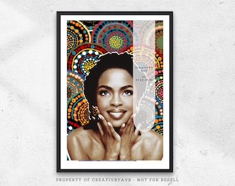 May include: A framed portrait print featuring a black and white photograph of a person with dark hair, hands resting near their face, set against a vibrant background of colorful, concentric dotted circles in shades of orange, blue, and yellow.