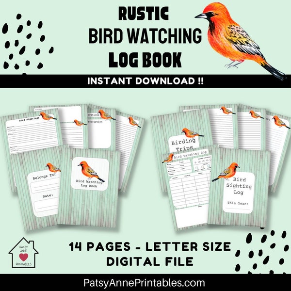 Rustic Bird Watching Log Book | Bird Watching Printable Journal | Instant Download!