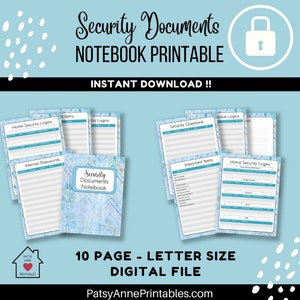 Op de afbeelding: Een printbaar digitaal bestand voor een beveiligingsdocumenten notitieboek. De omslag heeft een blauw en wit aquarelontwerp met de tekst "Security Documents Notebook". Het bestand bevat 10 pagina's met secties voor inbraakbeveiliging inloggegevens, internetwachtwoorden, beveiligingsvragen, inloggegevens voor sociale media, inloggegevens voor elektronische apparaten en belangrijke items.