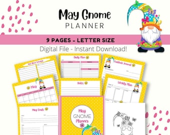 May Gnome Planner Printable, Calendar, Monthly Goals, Daily Plan, Instant Download!