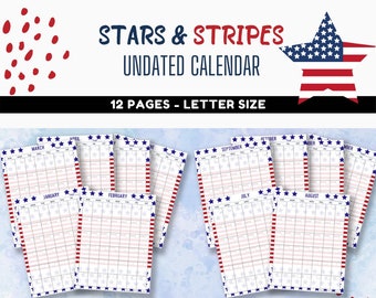 Stars and Stripes Undated Calendar Printable, Patriotic, American Flag, USA, US, Red White and Blue, Instant Download!