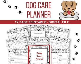 Puede incluir: Un planificador de cuidado de perros imprimible con una portada roja y un patrón de perros en blanco y negro. El planificador incluye 12 páginas con secciones para información del perro, alimentación, visitas al veterinario, vacunas, registro de medicamentos, registro de paseos, contactos, lista de verificación de cuidado del perro, historias divertidas de perros y notas.