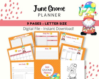 June Gnome Planner Printable, Calendar, Monthly Goals, Daily Plan, Summer, Instant Download!