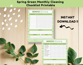 SPRING GREEN  Monthly Cleaning Checklist, Printable House Cleaning Checklist, Monthly Cleaning Planner, House Cleaning Plan