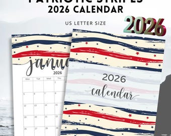 Patriotic Stripes 2026 Calendar, American Calendar Printable, Instant Download!