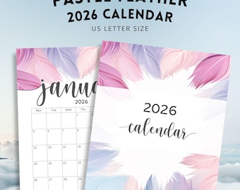 2026 Pastel Feather Calendar, Feather Design Printable, Instant Download!
