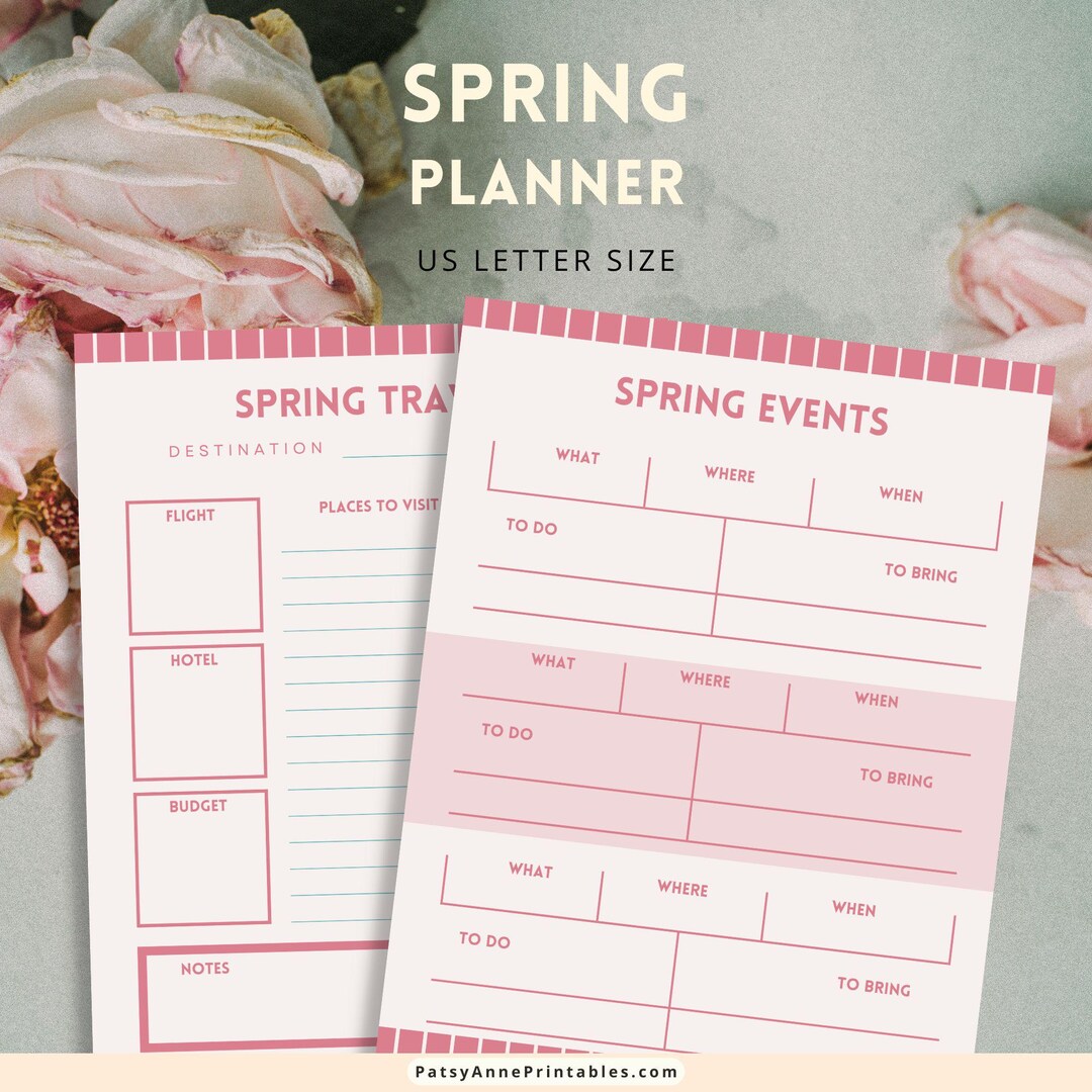 Spring Planner Pages Spring Planner Printable, Pink Rose Printable, Spring Travel Planner ...