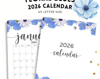 2026 Floral Blues Calendar, Blue Flowers Calendar Printable, Instant Download!