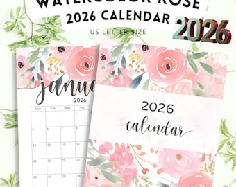 2026 Watercolor Rose Calendar, Rose Calendar Printable, Instant Download!