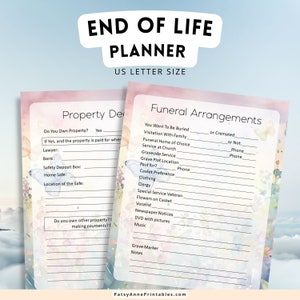 End of Life Planner printable includes arrangements, personal information, final wishes