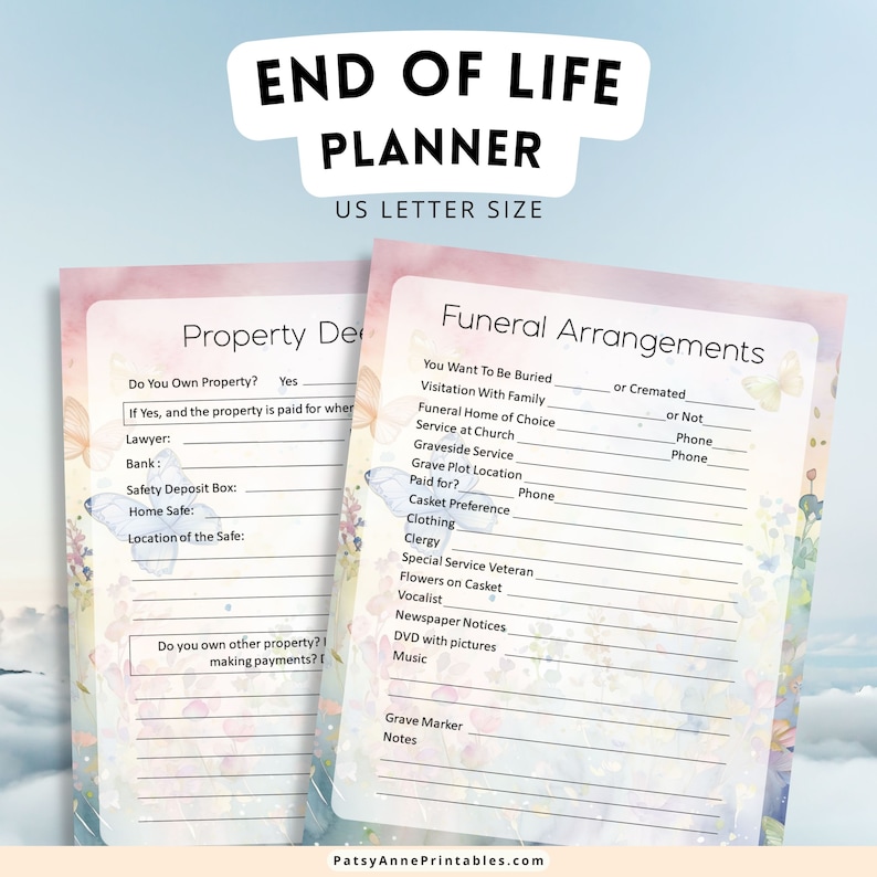 End of Life Planner printable includes arrangements, personal information, final wishes