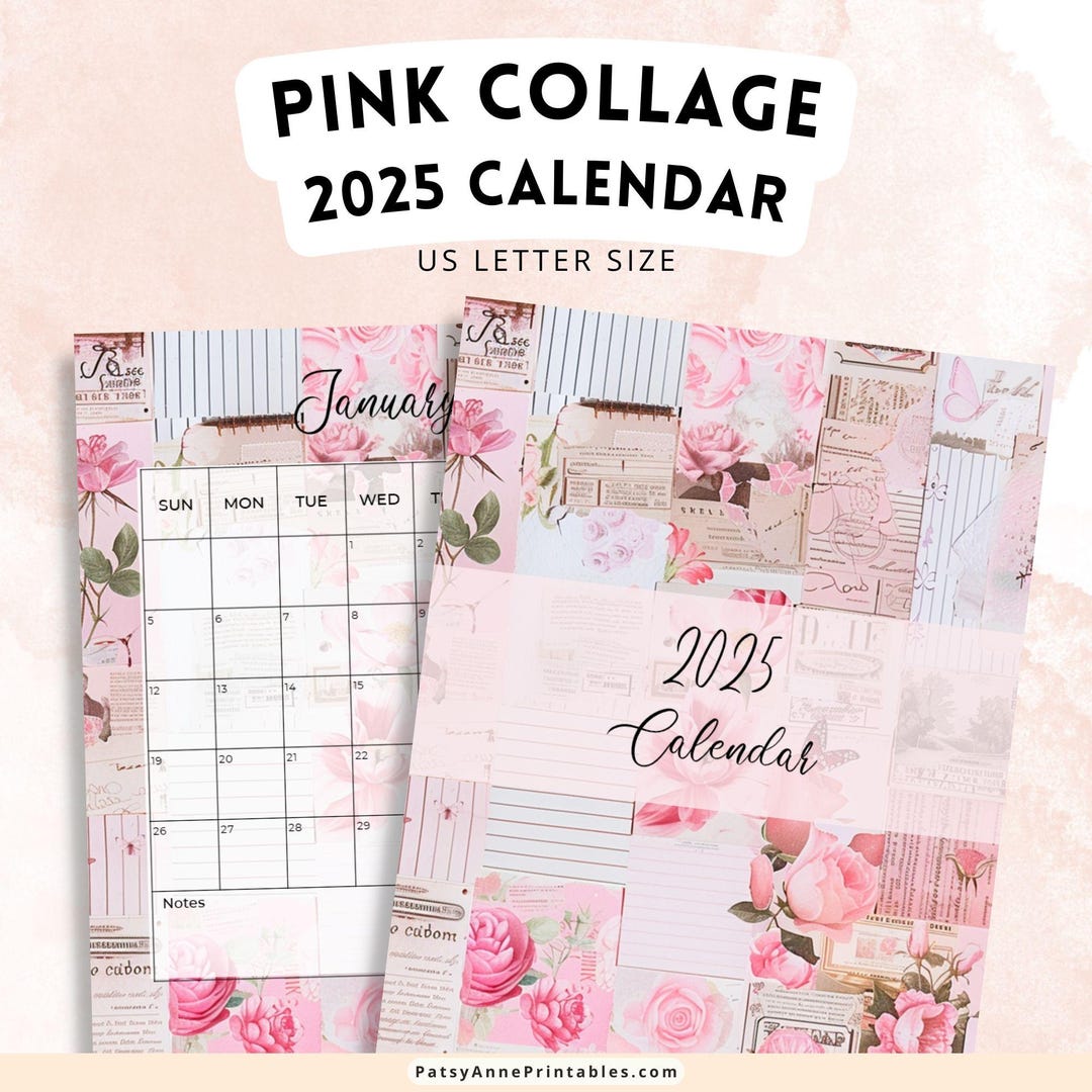 Pink Collage Calendar, Pink Shabby Chic Calendar Printable, Instant