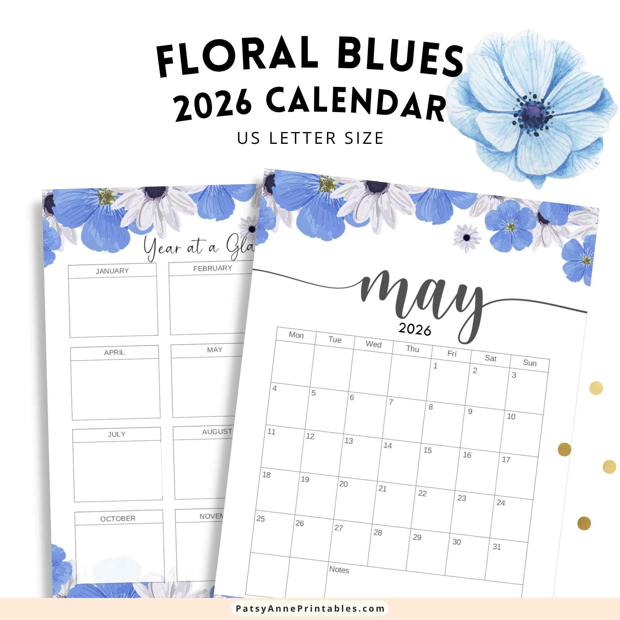 2026 Floral Blues Calendar, Blue Flowers Calendar Printable, Instant