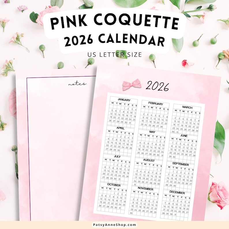 2026 Pink Watercolor Coquette Calendar, 2026 Printable, Instant ...