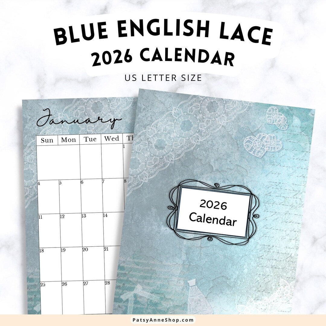 2026 Blue English Lace Calendar, Lace Calendar Printable, Instant ...