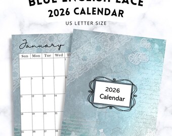 2026 Blue English Lace Calendar, Lace Calendar Printable, Instant Download!