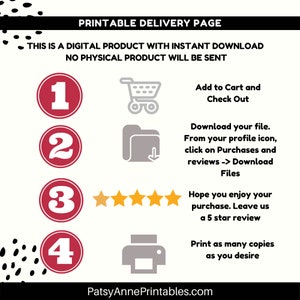 May include: Printable delivery page with instructions on how to download a digital product. The page includes a shopping cart icon, a folder icon, a five-star rating, and a printer icon.