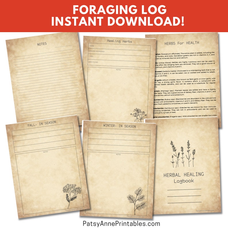 Foraging Log, Mushroom Hunting, Herbal Healing, Herb Hunting, Nature Journal, Instant Download image 3