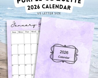 2026 Purple watercolor coquette Calendar, 2026 Printable, Instant Download!