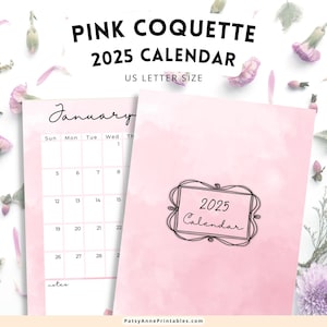2025 Pink Coquette Calendar, Pink Watercolor Calendar Printable, Instant Download!
