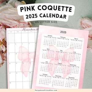 Pink Coquette 2025 Calendar, Sunday Start Pink Watercolor Calendar Printable, Instant Download!
