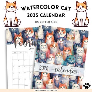 2025 Calendar Watercolor Cat, Cat Theme Calendar Printable, Instant Download!