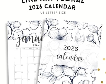 2026 Line Art Floral Calendar, Flowers Calendar Printable, Instant Download!