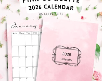 2026 Pink watercolor coquette Calendar, 2026 Printable, Instant Download!