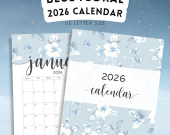 2026 Blue Floral Calendar, Blue Flowers Printable, Instant Download!