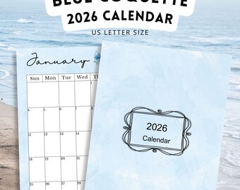 2026 Blue watercolor coquette Calendar, 2026 Printable, Instant Download!